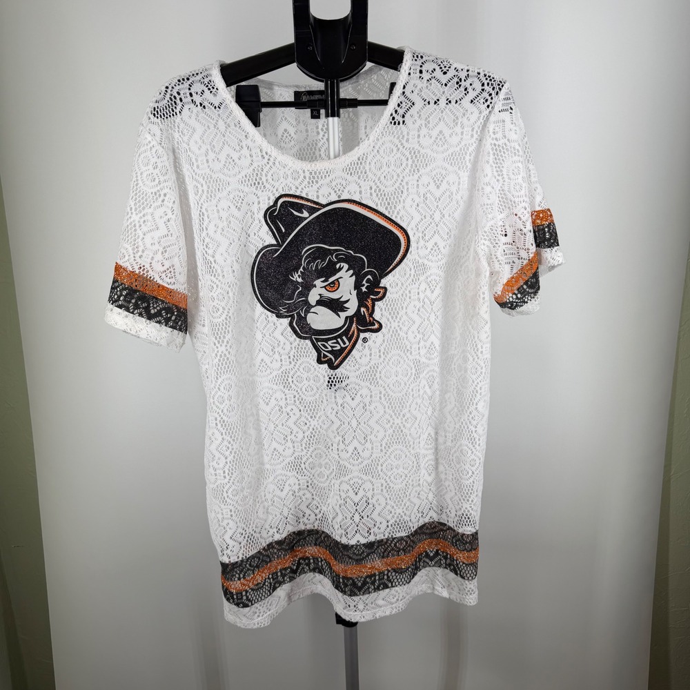 Gameday Couture OSU Cowboys Lace Glitter Pistol Pete Top White Orange Black XL